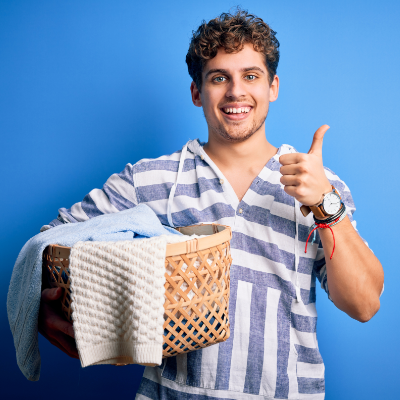 Guy With Laundry Basket Giving Thumbs Up Blue Background 400X400