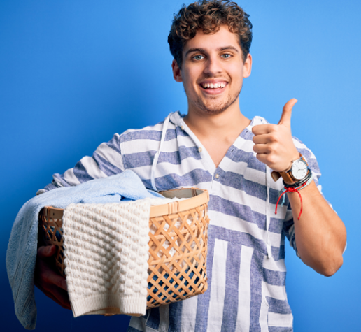 Guy With Laundry Basket Giving Thumbs Up Blue Background 400X400